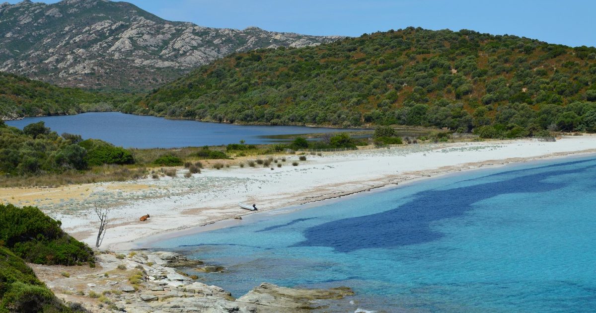 A quiet beach with turquoise water and green hills in Corse, France