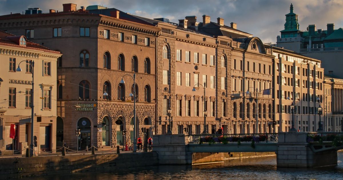 Historic buildings and a bridge over the water in Gothenburg, Sweden