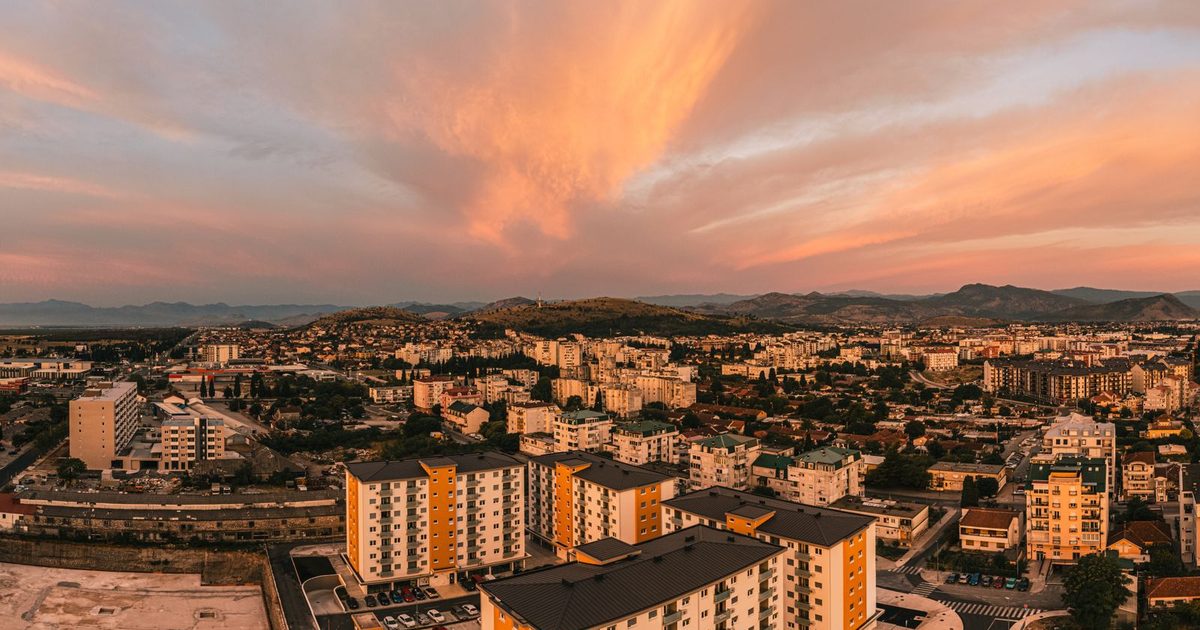 Podgorica, Montenegro, from above at sunset
